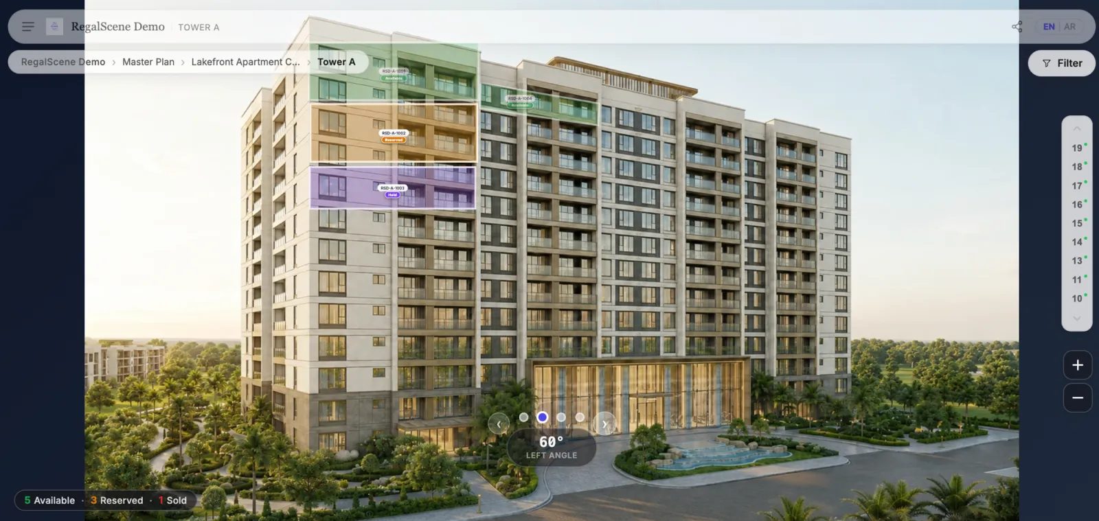 360 building explorer showing the tower from a 60-degree angle with unit overlays still mapped