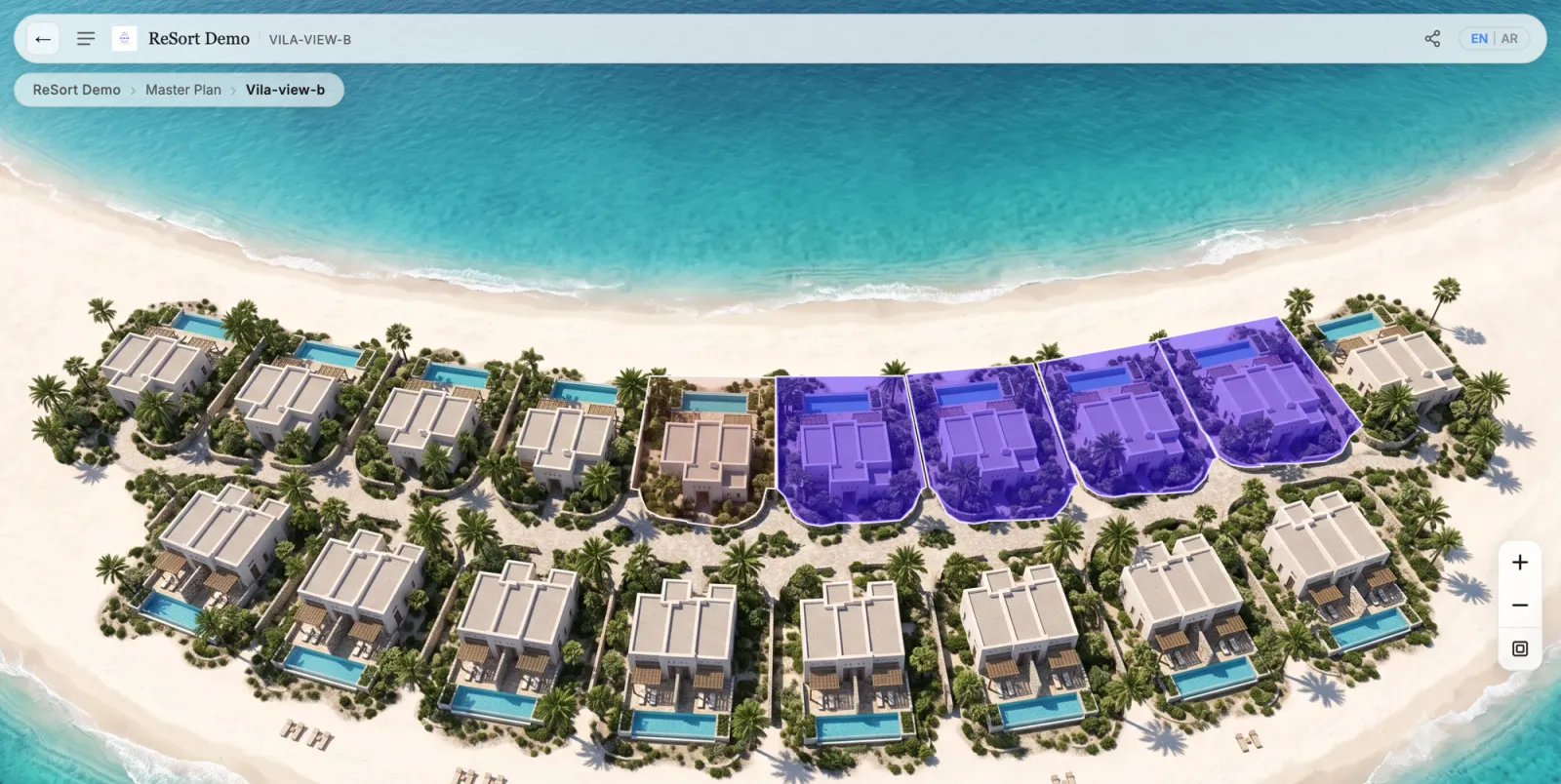 Beachfront villa zone with individually selectable villas and live availability