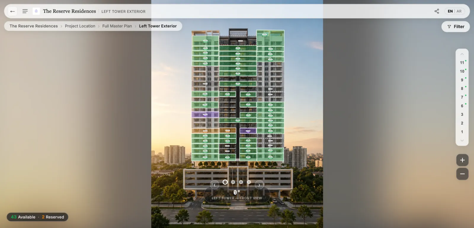 Building view with every unit selectable on the facade, colored by live availability