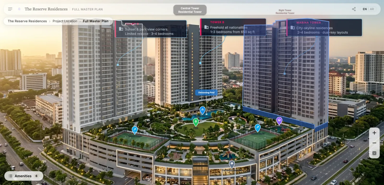 City project map view — three towers with multi-line labels and amenity points over the podium