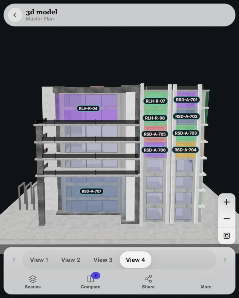 A closer 3D view on a phone, units on each floor labeled and colored by availability, ready to tap for details and enquiry