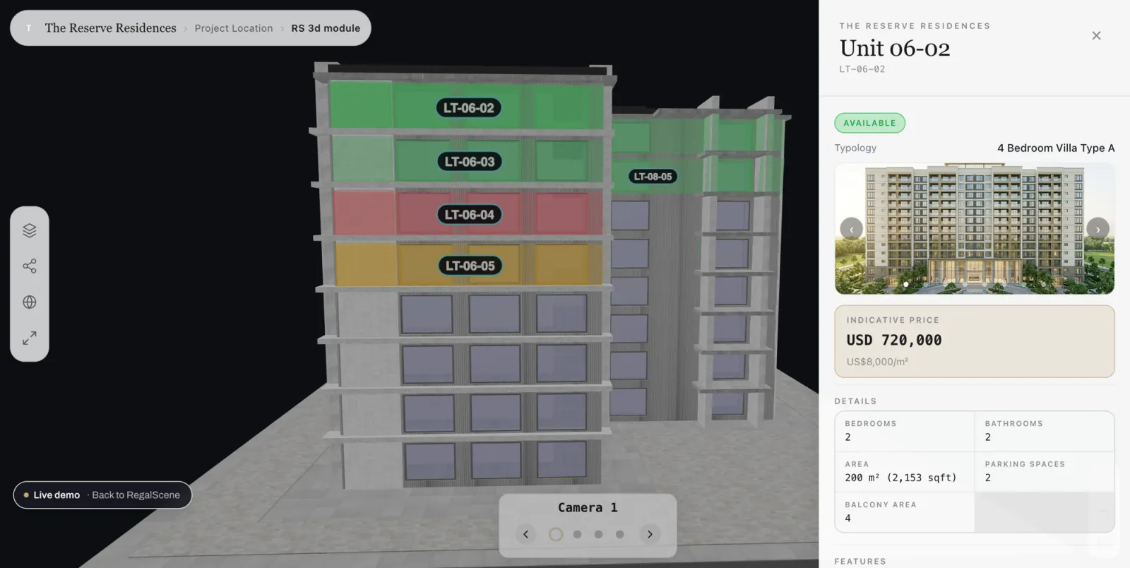 A unit's detail panel opened from the 3D building, showing available status, typology, indicative price, size, and an enquiry action