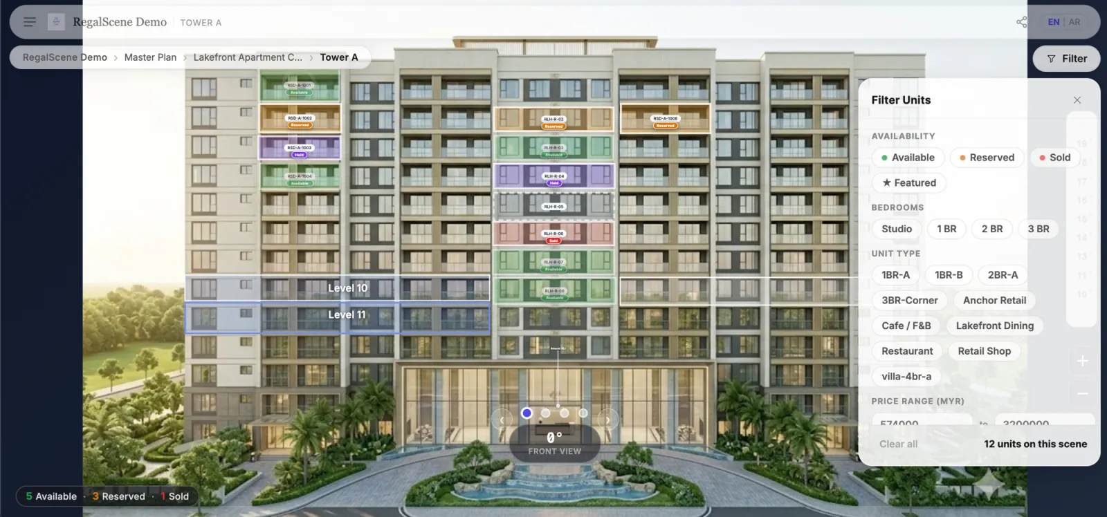 Building view with live unit availability and a visual filter panel