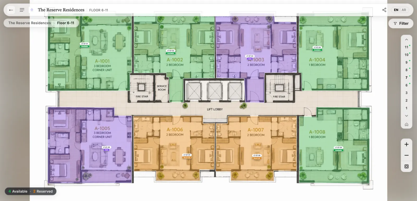 Interactive floor plate with unit typologies, corner units, and live status per apartment