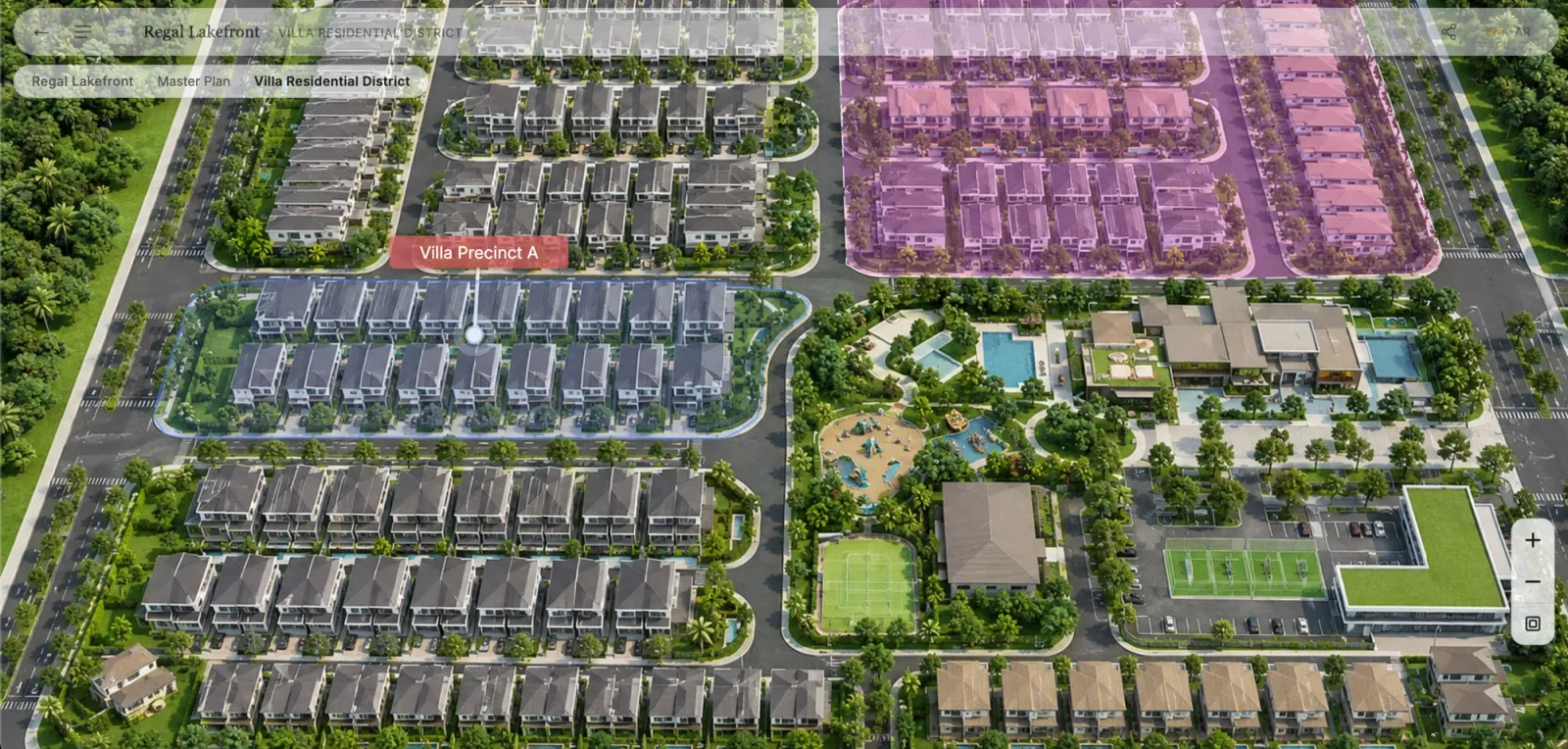 Zooming from township level into a villa district: precinct outlines and labels stay crisp because they are geometry, not pixels