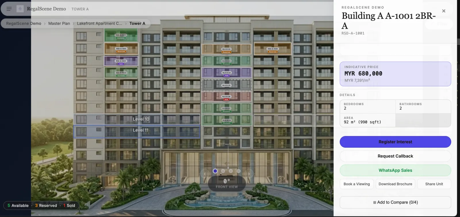 Full unit detail panel with indicative price, per-square-meter rate, specifications, and compare