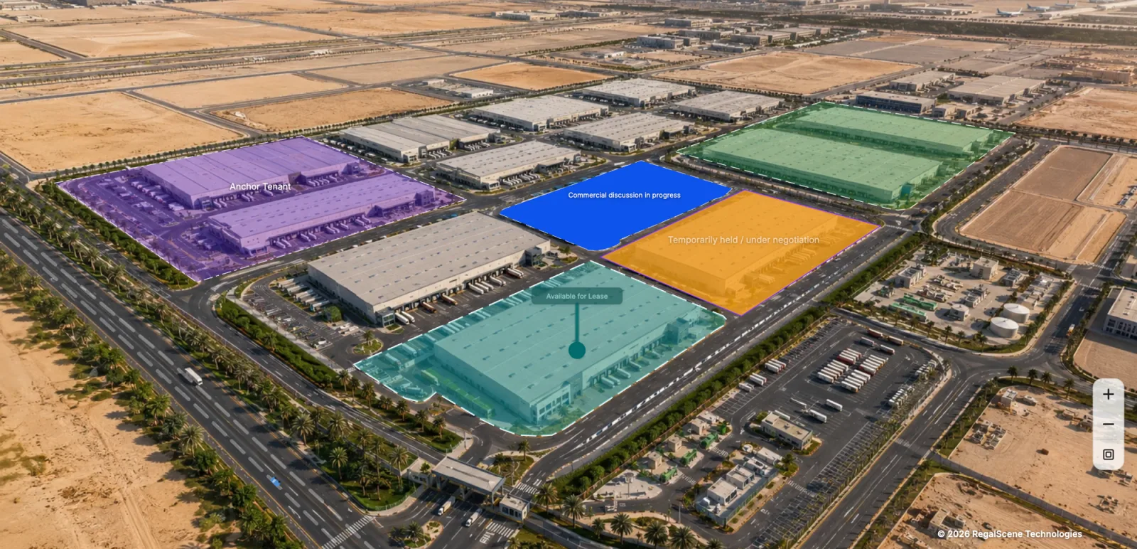 Commercial parcels colored by status: anchor tenant, under negotiation, available for lease