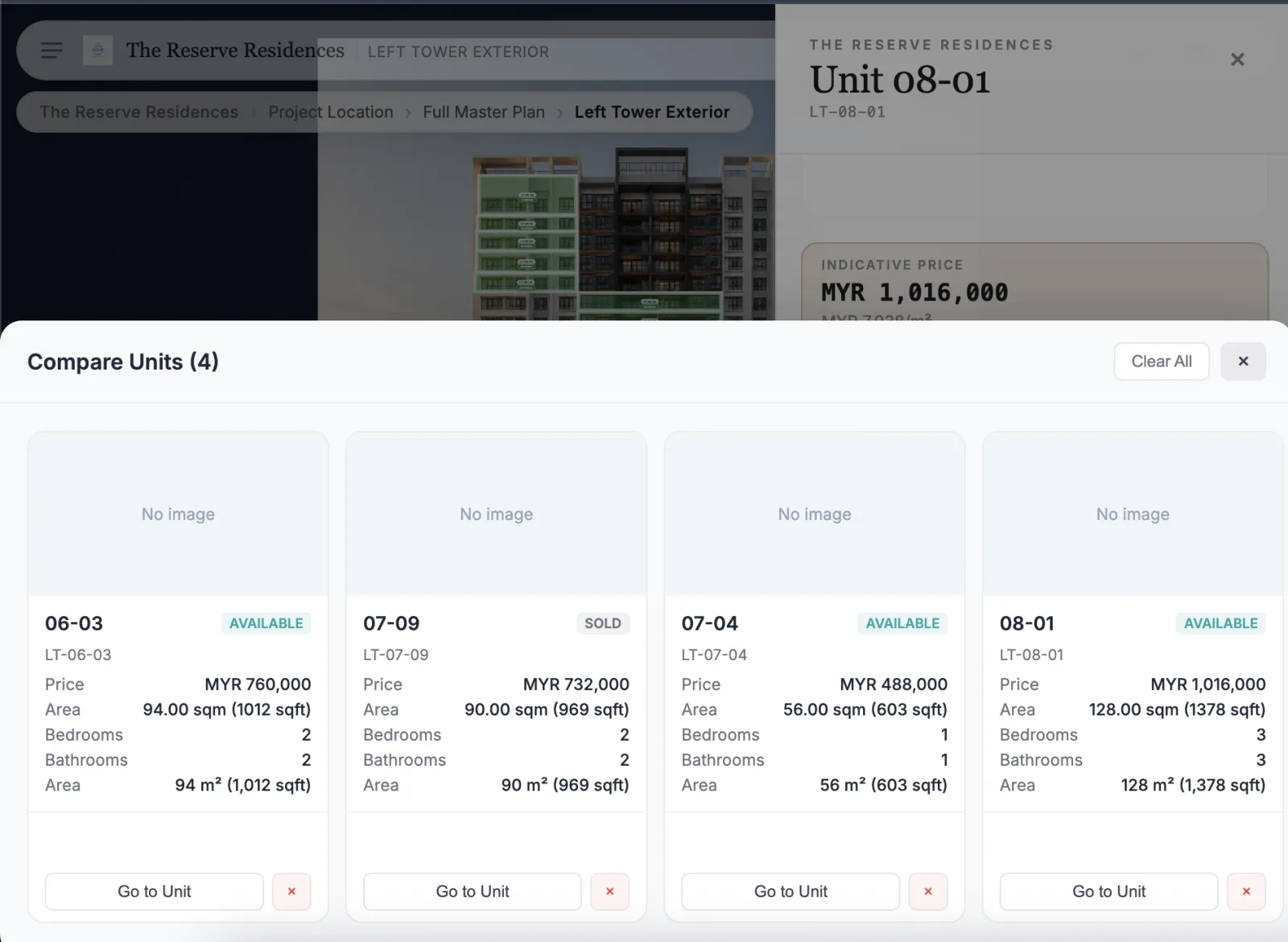 Compare Units panel showing four apartments side by side with price, area, bedrooms, bathrooms, and availability status